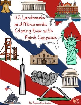 Preview of U.S. Landmarks and Monuments Coloring Book with Print Copywork