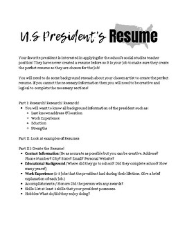Preview of U.S President Resume with Grading Rubric!