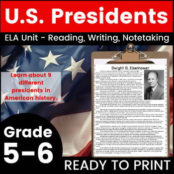 Preview of U.S. Presidents Day ELA Unit - Reading Comprehension, Writing Project, Note