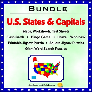 Preview of U.S. States & Capitals - BUNDLE - Maps, Worksheets, Flash Cards, Bingo, Puzzles