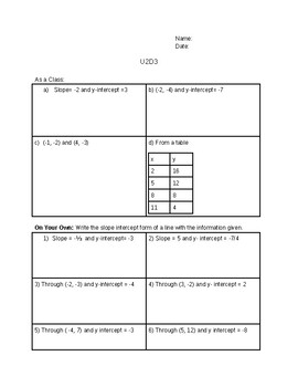 Preview of U2D3: Slope intercept form-writing and graphing