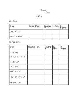 Preview of U4D3: Classifying and Standard Form polynomials worksheet