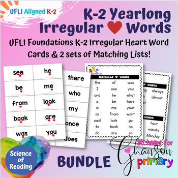 Preview of UFLI Aligned K-2 Irregular Heart Word Cards & Lists BUNDLE
