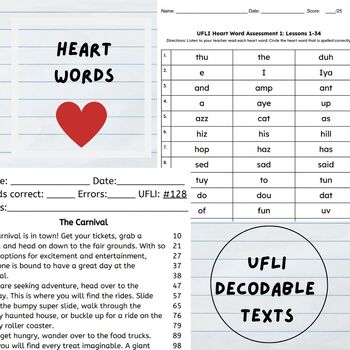 Preview of UFLI Decodable Text CBM Bundle for Lessons 1 - 62 with Heart Word Assessments