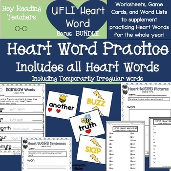 Preview of UFLI aligned Heart Word worksheets, Game Cards, and lists SIGHT WORD BUNDLE!