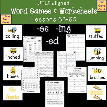 Preview of UFLI aligned lessons 63-65 es, ed, ing endings worksheets and games! K and First