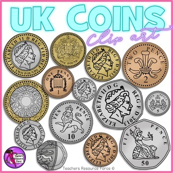 Preview of British UK coins realistic clip art: 1p, 2p, 5p, 10p, 20p, 50p, £1, £2