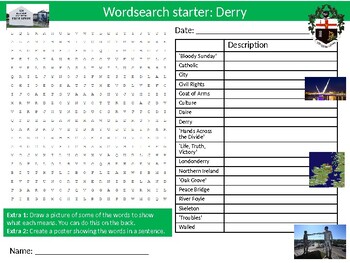 Preview of UK County Derry Activity Pack Keywords Homework Geography Northern Ireland