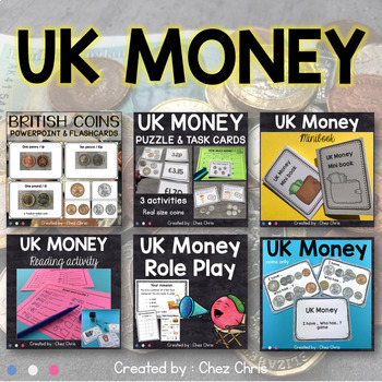 Preview of UK Money British Pounds : Flashcards, Activities , Worksheets and Games