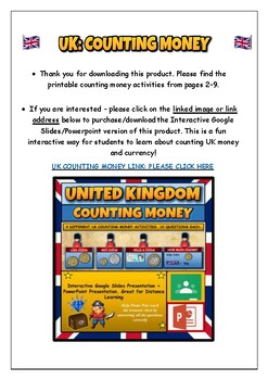 Preview of UK Money Currency: United Kingdom Counting Money Worksheets