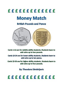 Preview of UK Money Match British Pounds: 36 Task Cards *Answer Key Included!