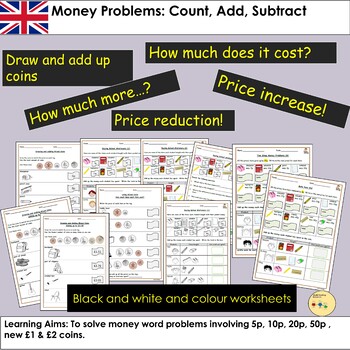 Preview of UK Money Pounds and Pence Count Add Subtract Tasks and Word Problems Financial