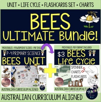 Preview of ULTIMATE Bees Unit Bundle - life cycle flashcards lessons report writing charts