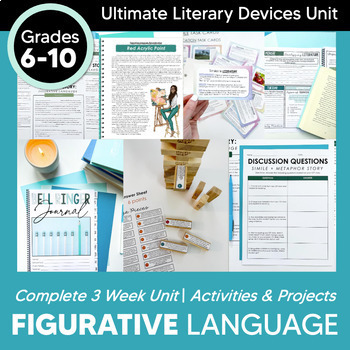 Preview of Figurative Language Unit Worksheets, Task Cards, Projects, Posters & More