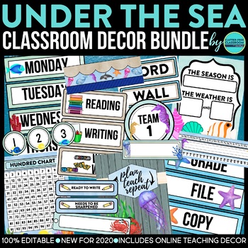 Preview of UNDER THE SEA Classroom Decor Bundle OCEAN Theme transformation fish editable