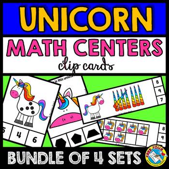 Preview of SPRING UNICORN MATH CENTERS KINDERGARTEN COUNTING TO 10 & 2D SHAPES CLIP CARDS