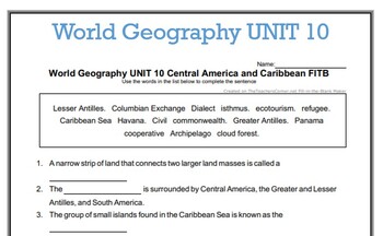 Preview of UNIT 10 World Geography - Central America and Caribbean VOCAB FITB