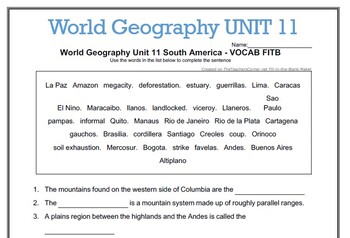 Preview of UNIT 11 World Geography - South America VOCAB FITB