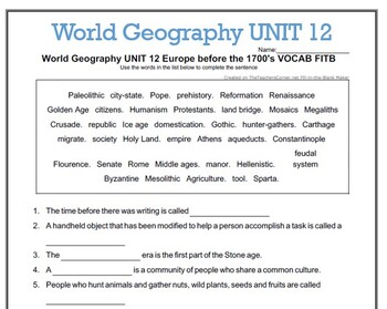 Preview of UNIT 12 World Geography - Europe before the 1700's VOCAB FITB