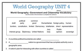 Preview of UNIT 4 World Geography - Government and Citizenship VOCAB FITB