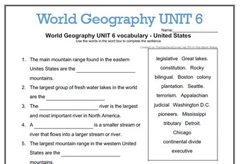 Preview of UNIT 6 World Geography - United States VOCAB FITB