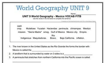 Preview of UNIT 9 World Geography - Mexico VOCAB FITB