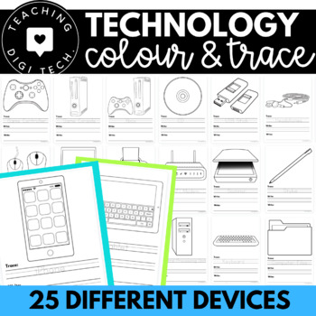 Preview of UNPLUGGED Technology Coloring Sheets & Tracing Writing Practice x25 pages! SET 1