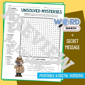 Preview of UNSOLVED MYSTERY Word Search Puzzle Activity Vocabulary Worksheet Secret Message