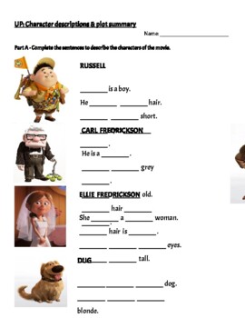 Preview of UP movie activity: character descriptions & plot summary