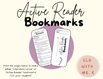 Preview of UPDATED: Active Reader or Literature Circle Bookmarks