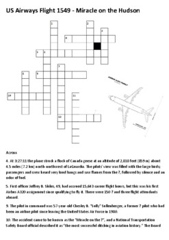 US Airways Flight 1549 Miracle on the Hudson Crossword TpT