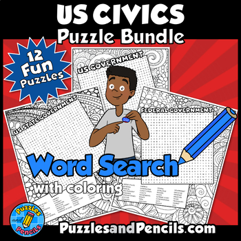 Preview of US Civics Word Search Puzzles and Coloring BUNDLE | US Government | 12 Puzzles