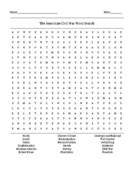 civil war word search worksheets teaching resources tpt