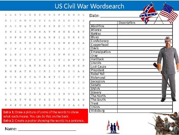 Preview of US Civil War Wordsearch Sheet Starter Activity Keywords USA History