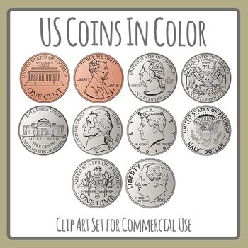 Preview of US Coins Color Cents, Pennies, Dimes, Quarters Clip Art Commercial Use