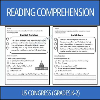 Preview of US Congress Reading Comprehension Passages and Questions (Grades K-2)