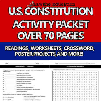 Preview of US Constitution & Amendments Activity Packet Worksheet Crossword Reading Project