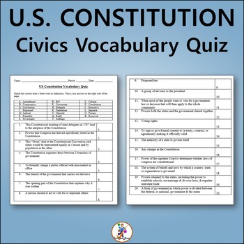 Preview of US Constitution Civics History Vocabulary Quiz