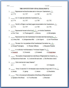 Preview of U.S. Constitution Exam and Answer Key (8 pages each)