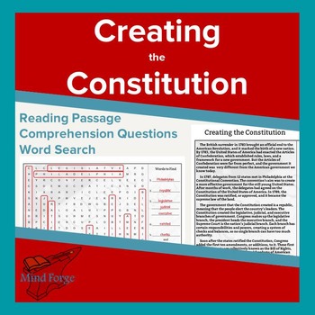 Preview of US Constitution Passage, Questions, and Word Search