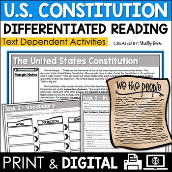 Preview of US Constitution Reading Comprehension Passage | Constitution Day Activities