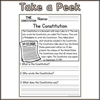 Us Constitution Reading Comprehension Passages K 2 Distance Learning