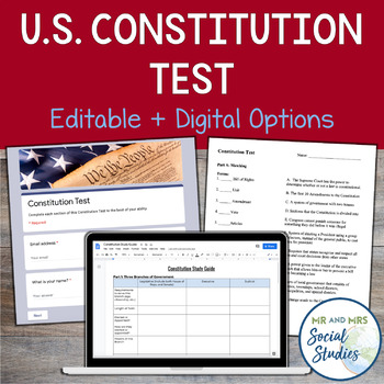 Preview of US Constitution Test with Answer Key + Study Guide (Editable + Digital Versions)
