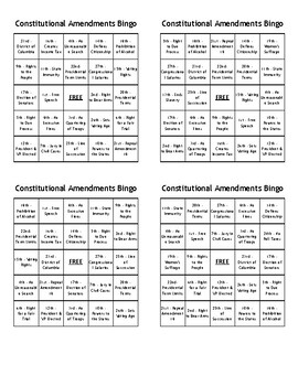 Preview of US Constitutional Amendment Bingo - 80 Different Cards - Just Print, Cut, Play!