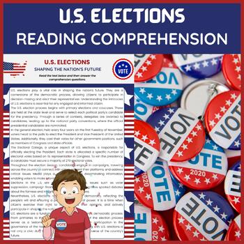 Preview of US Elections Reading Comprehension Worksheet | Civics and Goverment Reading