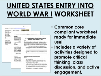 Preview of United States Entry into World War I worksheet