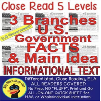 Preview of US GOVERNMENT 3 BRANCHES: Close Reading 5 LEVEL PASSAGES Main Idea Fluency TDQs