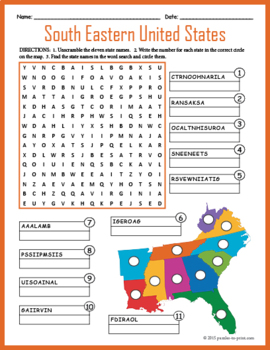 US Geography Worksheet - South Eastern United States by Puzzles to Print