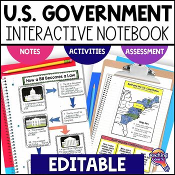 Preview of US Government & Civics EDITABLE Interactive Notebook & Test    United States