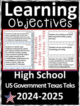 Preview of US Government High School Texas TEKS Learning Objectives Cards | Color & B&W